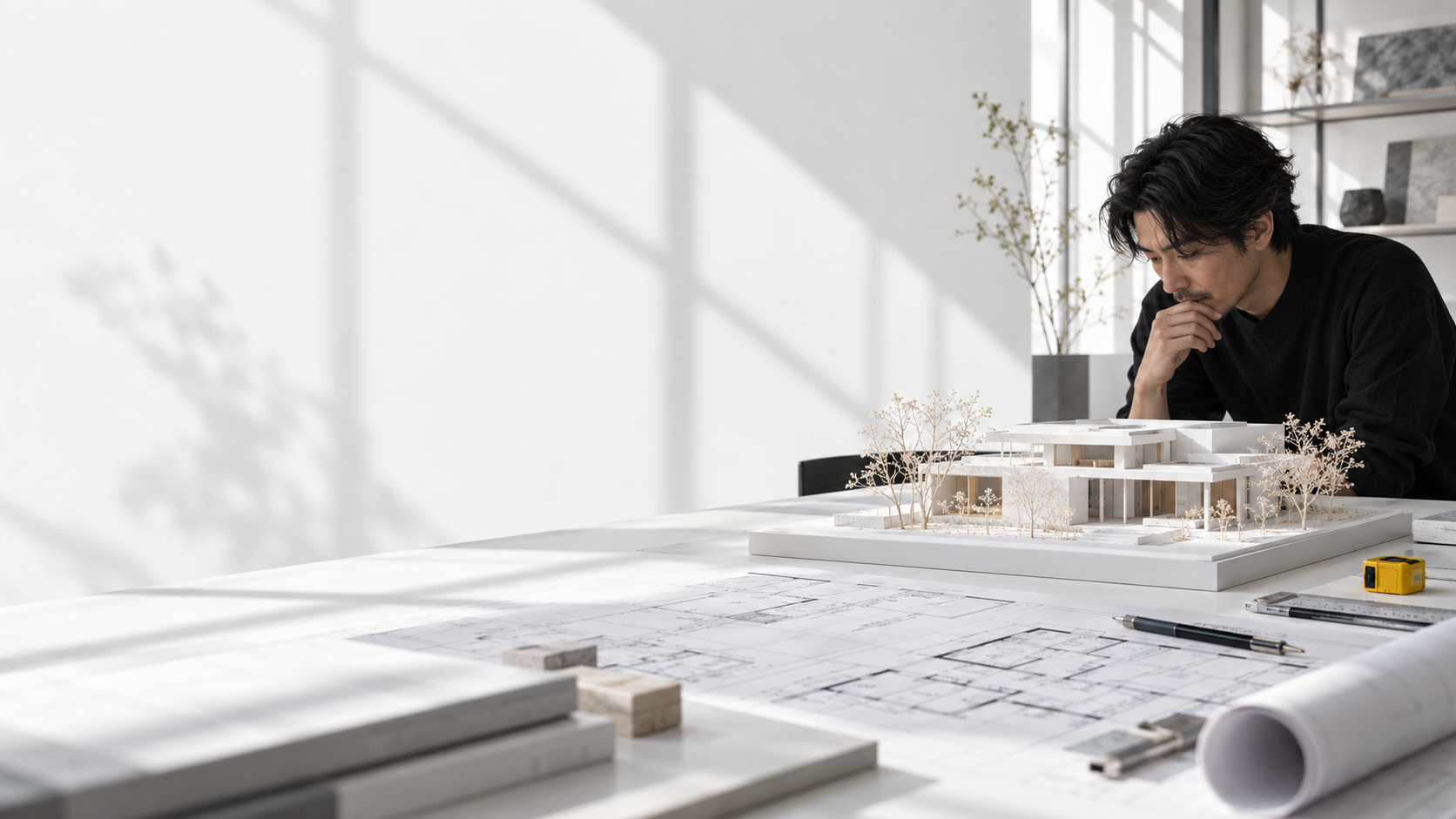 建築家が住宅模型と図面を確認する実写調の生成イメージ